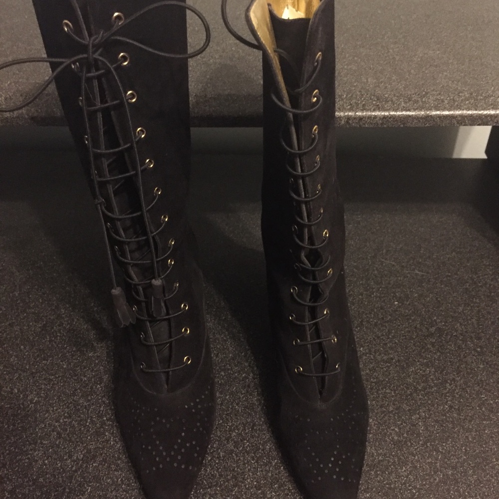 Escada couture suede heeled boots with perforation designs, US 7.5 B, EUC